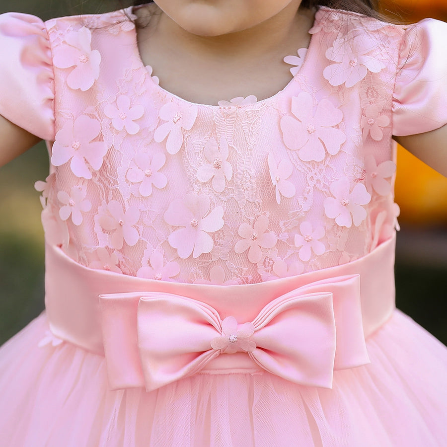 Ball Gown Scoop Puff Sleeves Flower Girl Dresses with Bow knot