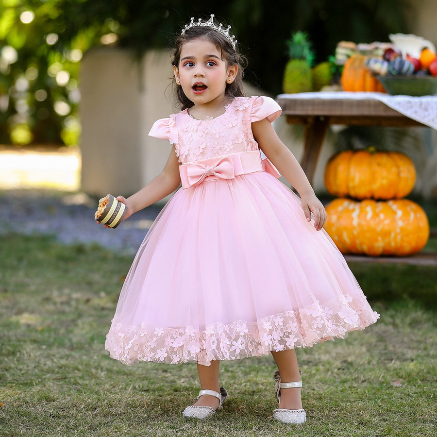 Ball Gown Scoop Puff Sleeves Flower Girl Dresses with Bow knot