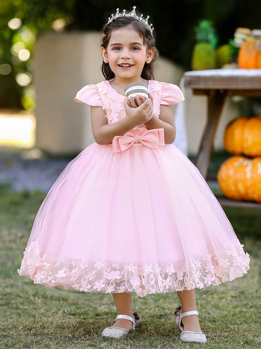 Ball Gown Scoop Puff Sleeves Flower Girl Dresses with Bow knot