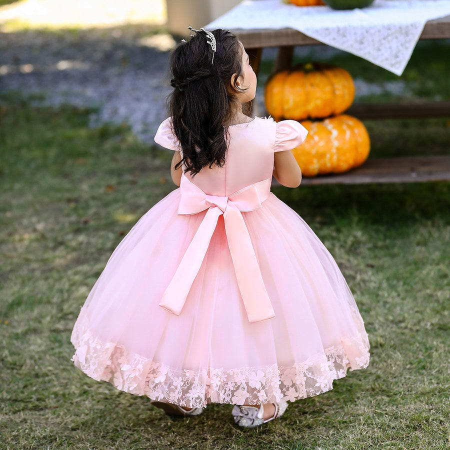 Ball Gown Scoop Puff Sleeves Flower Girl Dresses with Bow knot