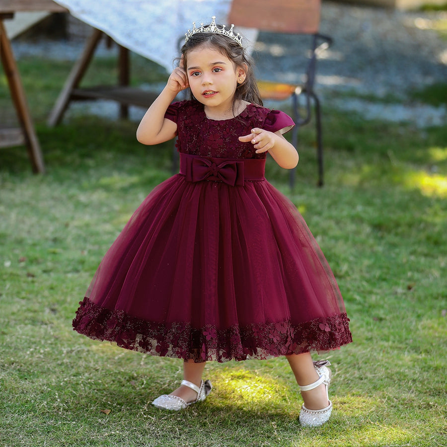 Ball Gown Scoop Puff Sleeves Flower Girl Dresses with Bow knot