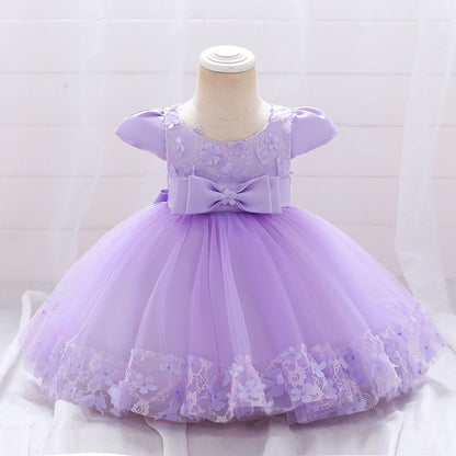 Ball Gown Scoop Puff Sleeves Flower Girl Dresses with Bow knot