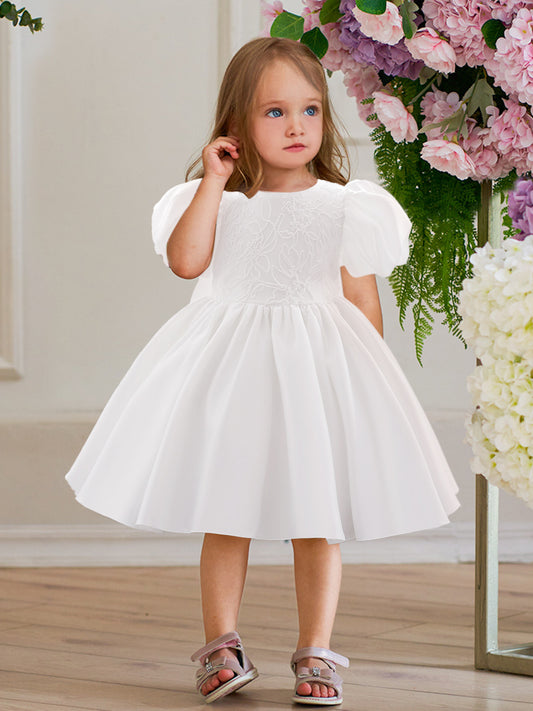 Ball Gown Scoop Puff Sleeves Flower Girl Dresses with Applique