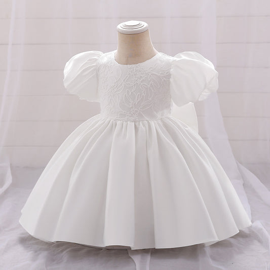 Ball Gown Scoop Puff Sleeves Flower Girl Dresses with Applique