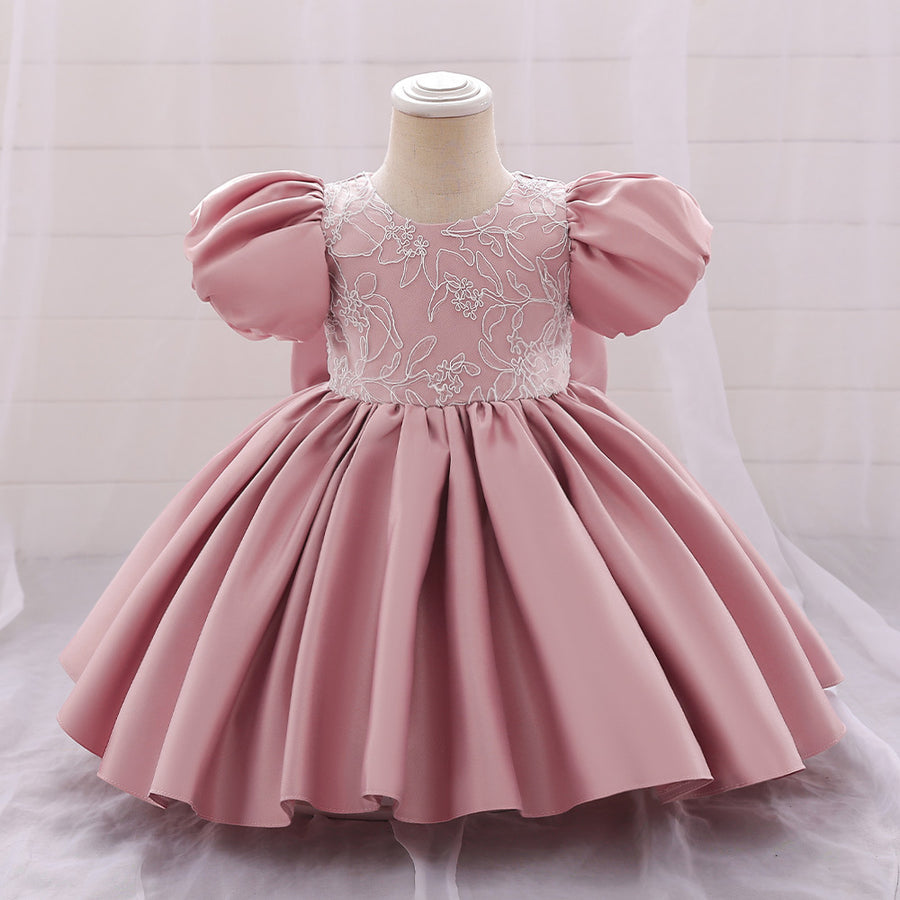 Ball Gown Scoop Puff Sleeves Flower Girl Dresses with Applique