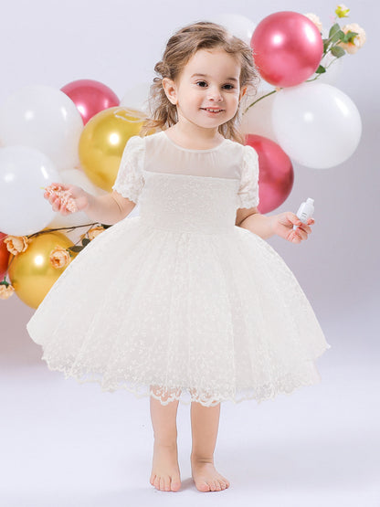 Ball Gown Scoop Puff Sleeves Flower Girl Dresses with Lace