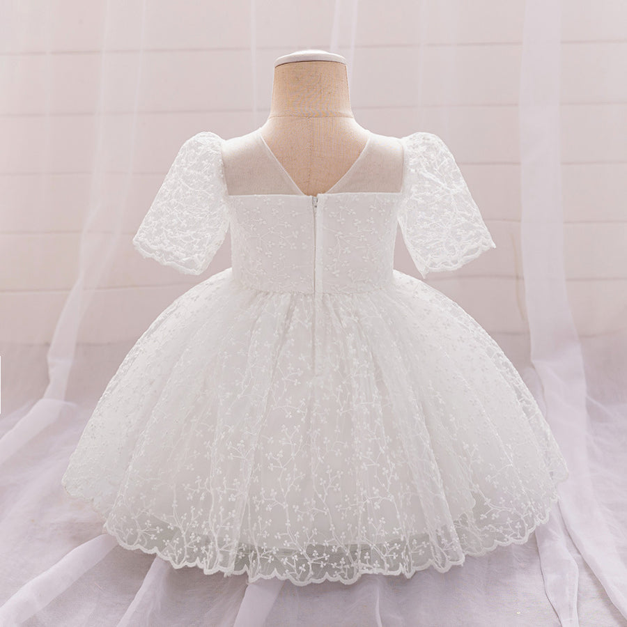 Ball Gown Scoop Puff Sleeves Flower Girl Dresses with Lace