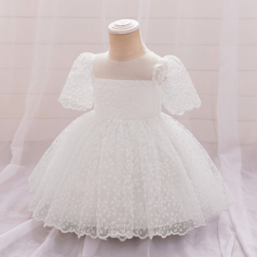 Ball Gown Scoop Puff Sleeves Flower Girl Dresses with Lace