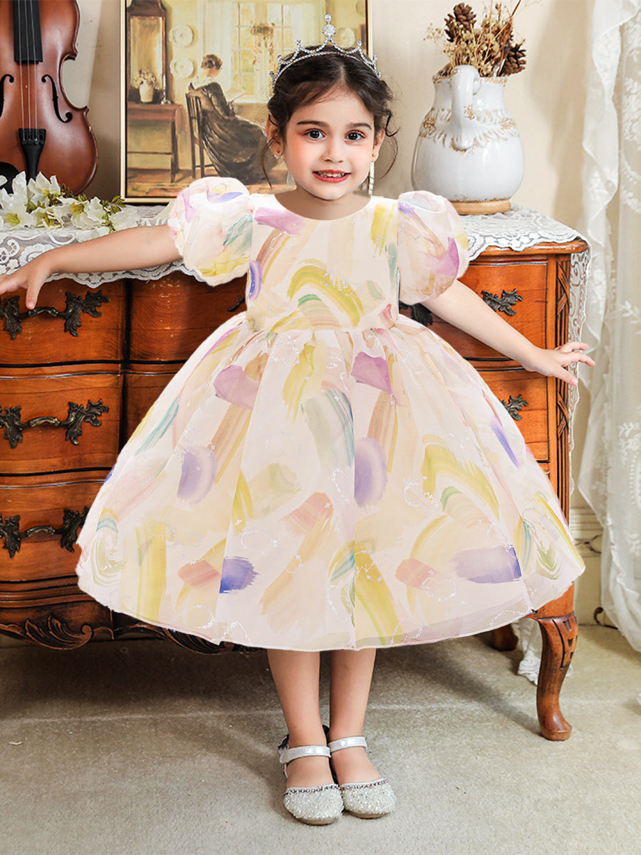 Ball Gown Scoop Puff Sleeves Flower Girl Dresses with Ruched