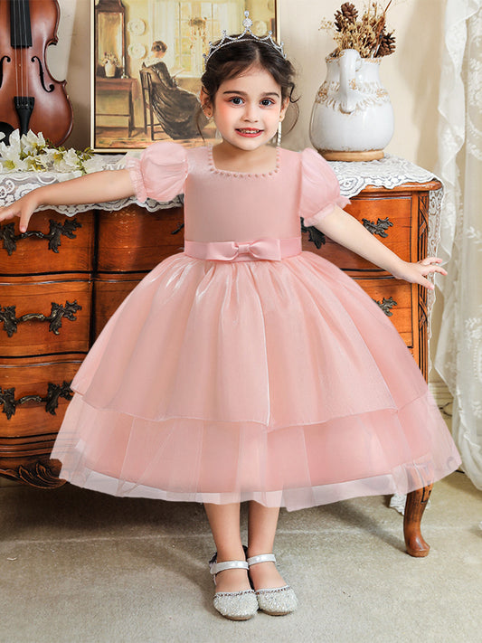 Ball Gown Square Neck Puff Sleeves Flower Girl Dresses with Beading