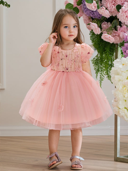 Ball Gown Scoop Puff Sleeves Flower Girl Dresses with Solid Flowers