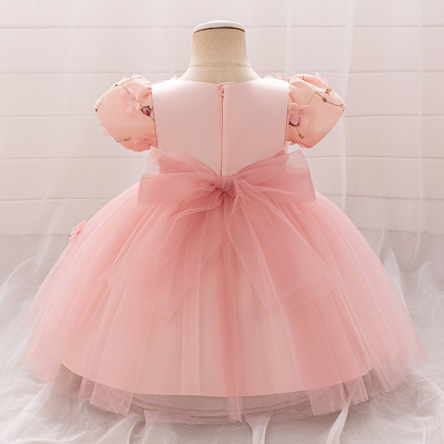 Ball Gown Scoop Puff Sleeves Flower Girl Dresses with Solid Flowers