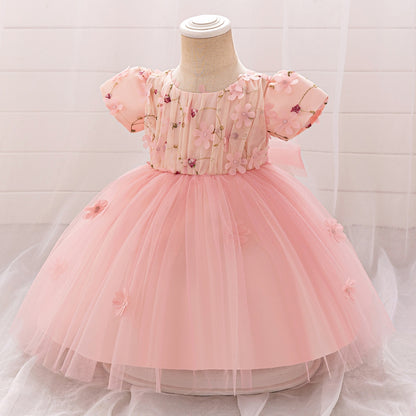 Ball Gown Scoop Puff Sleeves Flower Girl Dresses with Solid Flowers