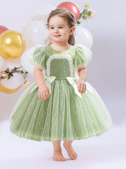 Ball Gown Scoop Puff Sleeves Ruched Flower Girl Dresses