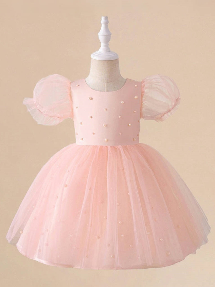 Ball Gown Scoop Puff Sleeves Flower Girl Dresses with Pearls