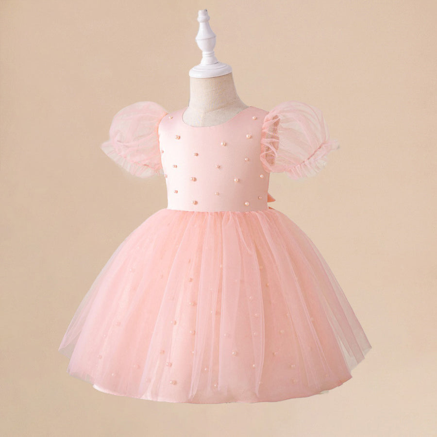 Ball Gown Scoop Puff Sleeves Flower Girl Dresses with Pearls