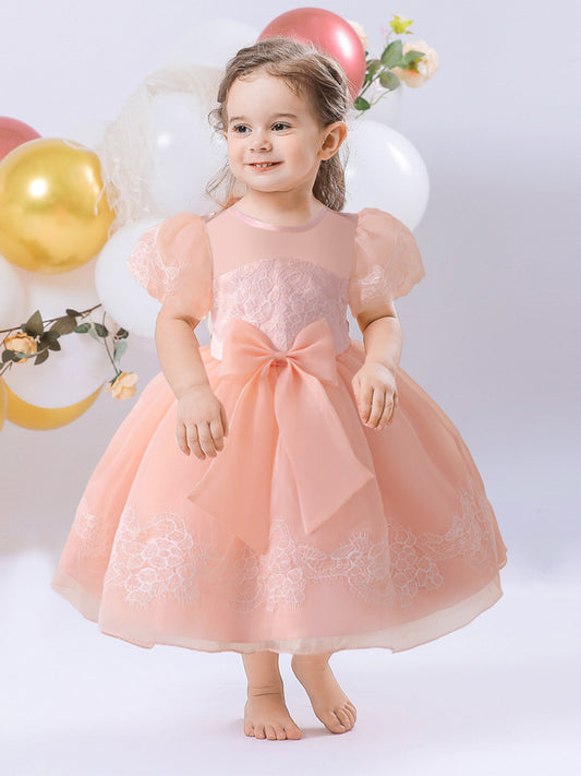 Ball Gown Scoop Puff Sleeves Flower Girl Dresses with Lace