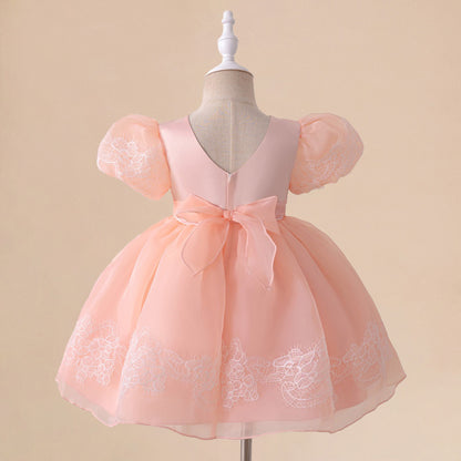 Ball Gown Scoop Puff Sleeves Flower Girl Dresses with Lace