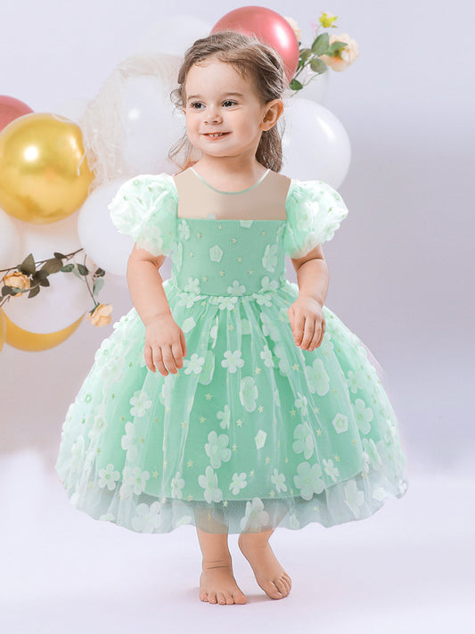 Ball Gown Scoop Puff Sleeves Flower Girl Dresses with Solid Flowers