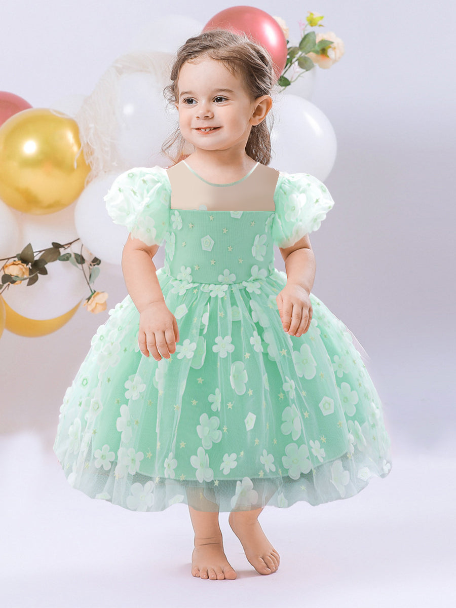 Ball Gown Scoop Puff Sleeves Flower Girl Dresses with Solid Flowers