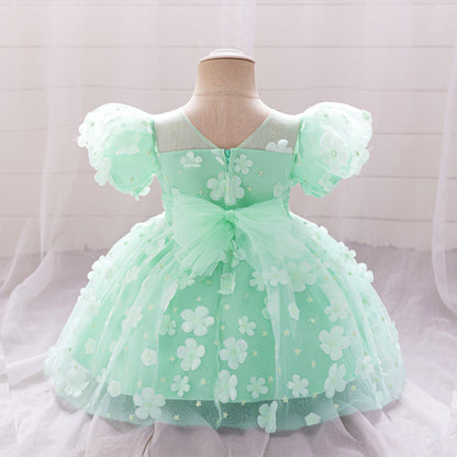 Ball Gown Scoop Puff Sleeves Flower Girl Dresses with Solid Flowers