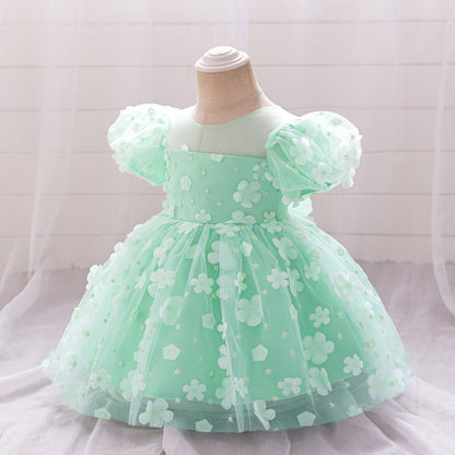 Ball Gown Scoop Puff Sleeves Flower Girl Dresses with Solid Flowers