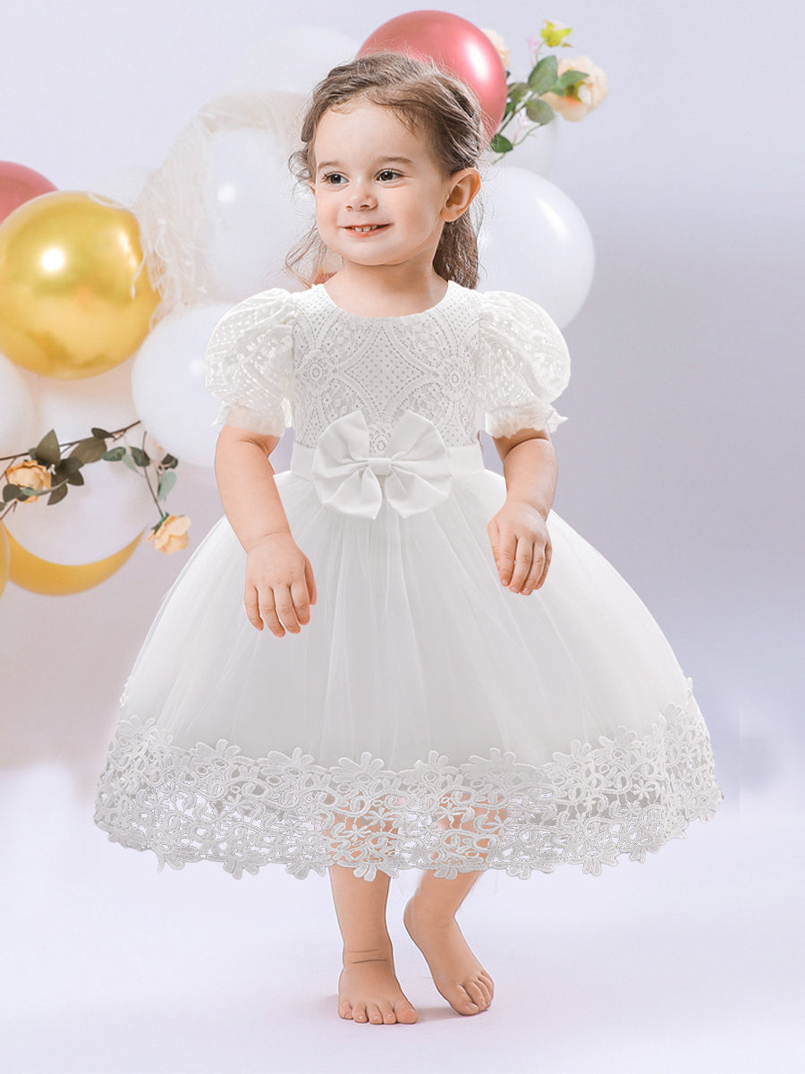 Ball Gown Scoop Puff Sleeves Flower Girl Dresses with Lace