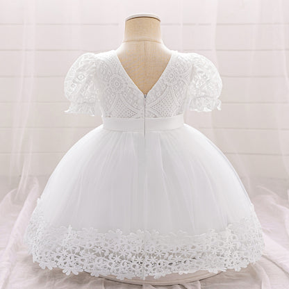 Ball Gown Scoop Puff Sleeves Flower Girl Dresses with Lace