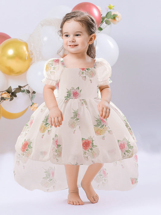 Ball Gown Square Neck Puff Sleeves Ruched Flower Girl Dresses