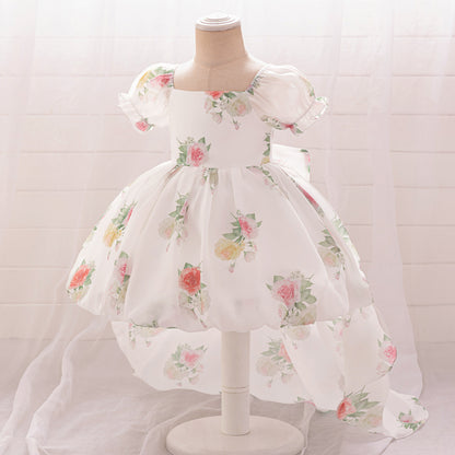 Ball Gown Square Neck Puff Sleeves Ruched Flower Girl Dresses