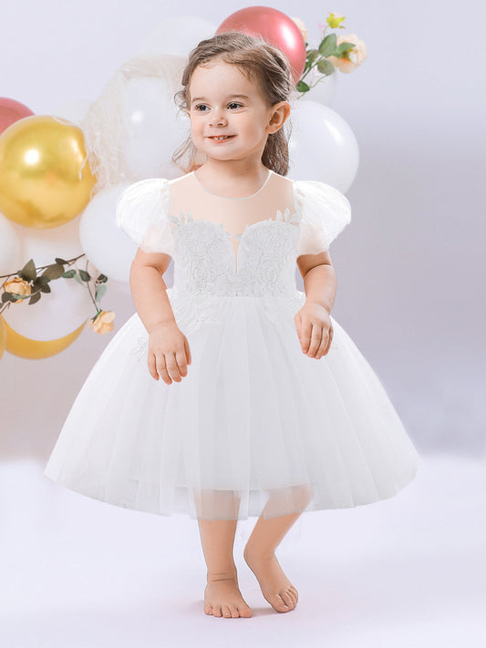 Ball Gown Scoop Puff Sleeves Applique Flower Girl Dresses