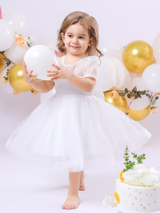 Ball Gown Scoop Puff Sleeves Rhinestone Flower Girl Dresses