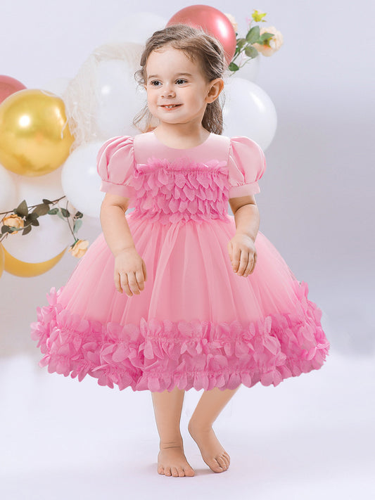 Ball Gown Scoop Puff Sleeves Flower Girl Dresses with Solid Flowers