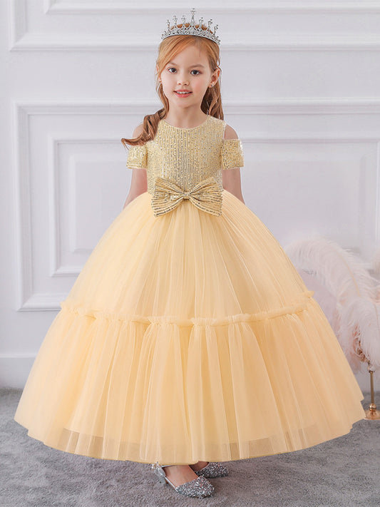 Ball Gown Cold Shoulder Short Sleeves Sequins Flower Girl Dresses