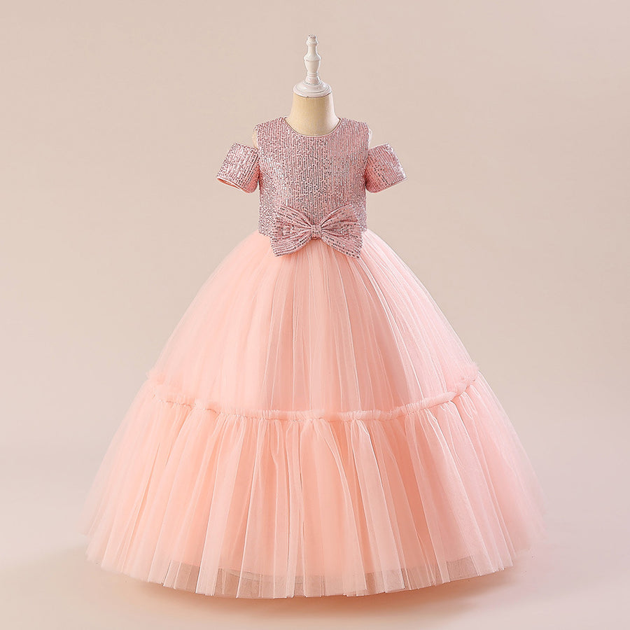 Ball Gown Cold Shoulder Short Sleeves Sequins Flower Girl Dresses