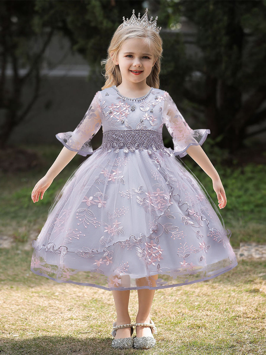 Ball Gown Scoop Half Sleeves Flower Girl Dresses with Beading