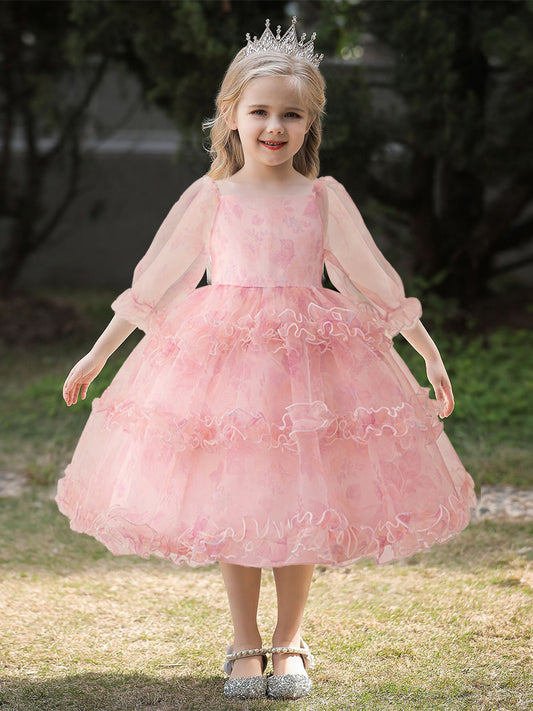 Ball Gown Square Neck Puff Sleeves Tiered Flower Girl Dresses