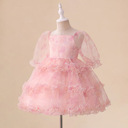 Ball Gown Square Neck Puff Sleeves Tiered Flower Girl Dresses