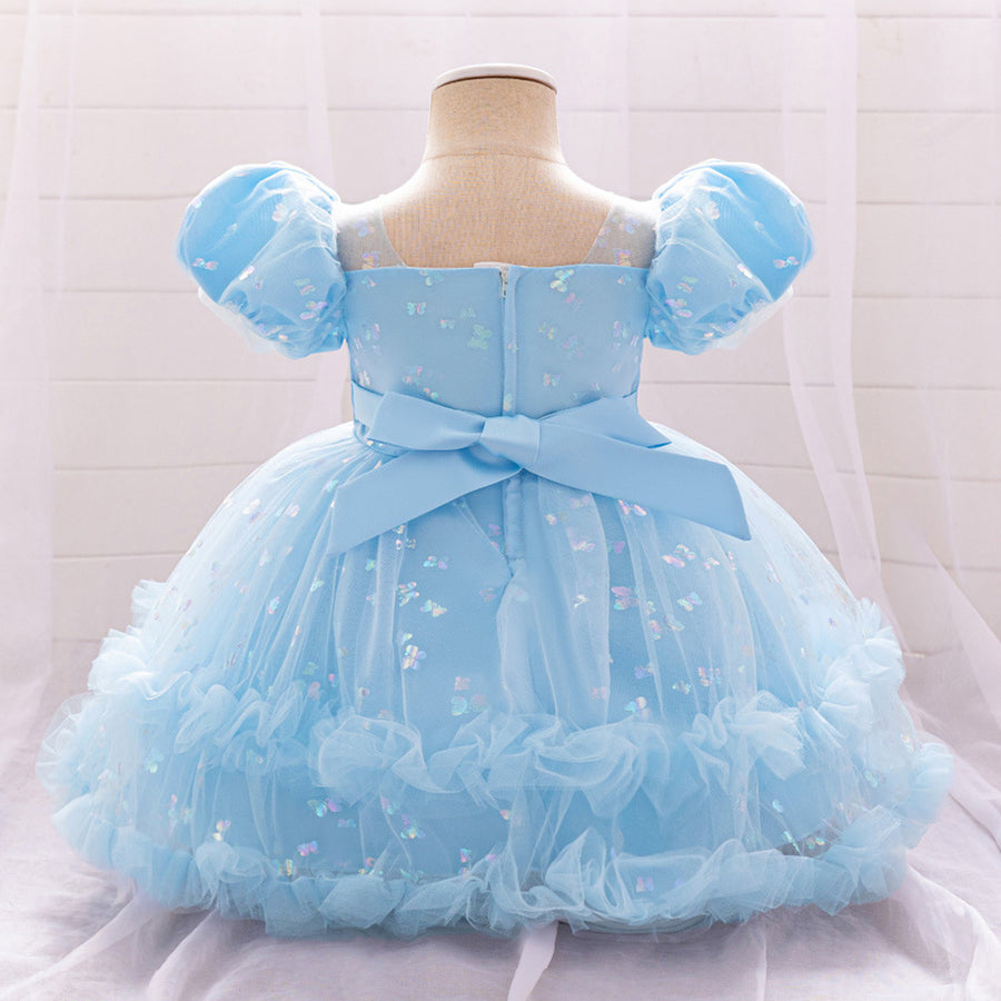 Ball Gown Scoop Puff Sleeves Tiered Flower Girl Dresses