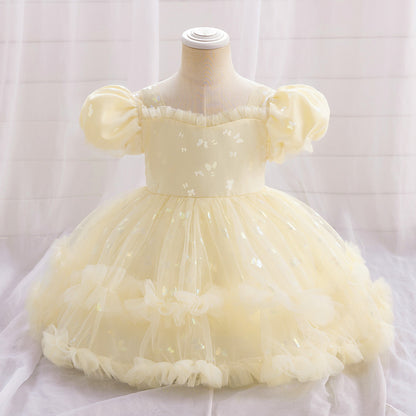 Ball Gown Scoop Puff Sleeves Tiered Flower Girl Dresses