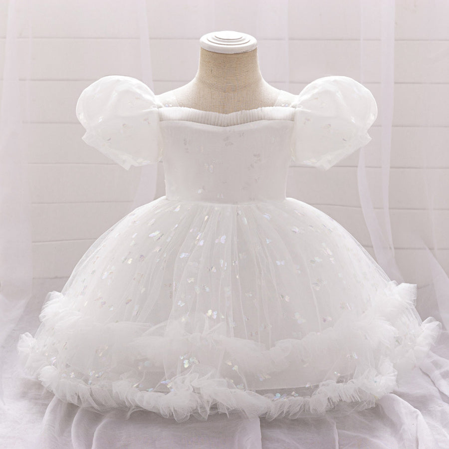 Ball Gown Scoop Puff Sleeves Tiered Flower Girl Dresses