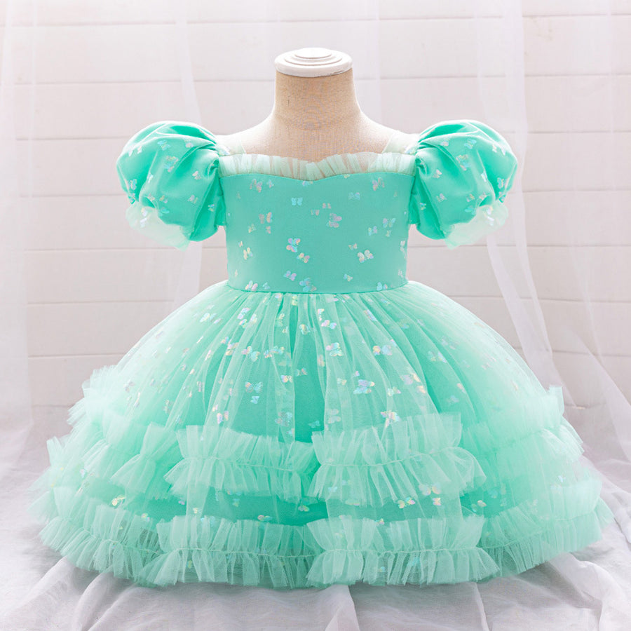 Ball Gown Scoop Puff Sleeves Tiered Flower Girl Dresses