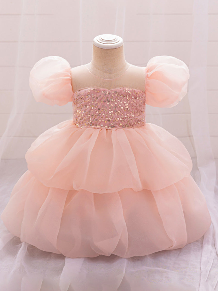 Ball Gown Scoop Puff Sleeves Tiered Flower Girl Dresses