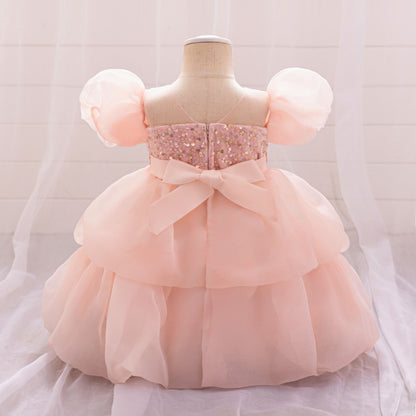 Ball Gown Scoop Puff Sleeves Tiered Flower Girl Dresses