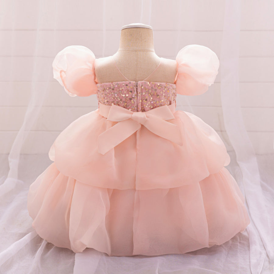 Ball Gown Scoop Puff Sleeves Tiered Flower Girl Dresses