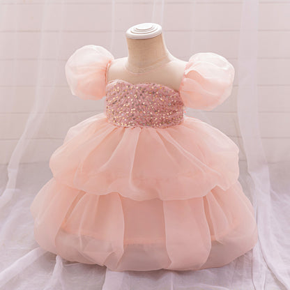 Ball Gown Scoop Puff Sleeves Tiered Flower Girl Dresses