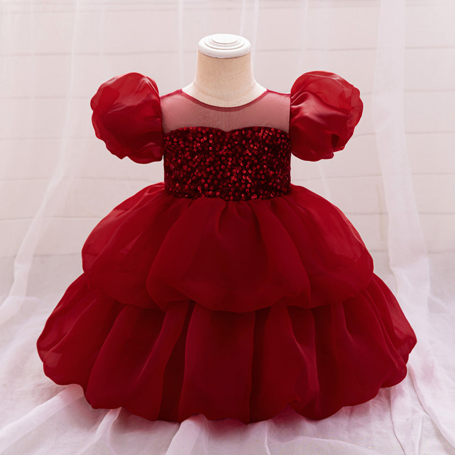 Ball Gown Scoop Puff Sleeves Tiered Flower Girl Dresses