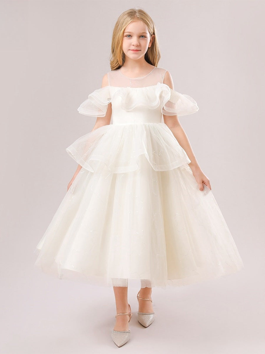 Ball Gown Cold Shoulder Short Sleeves Ruffles Flower Girl Dresses