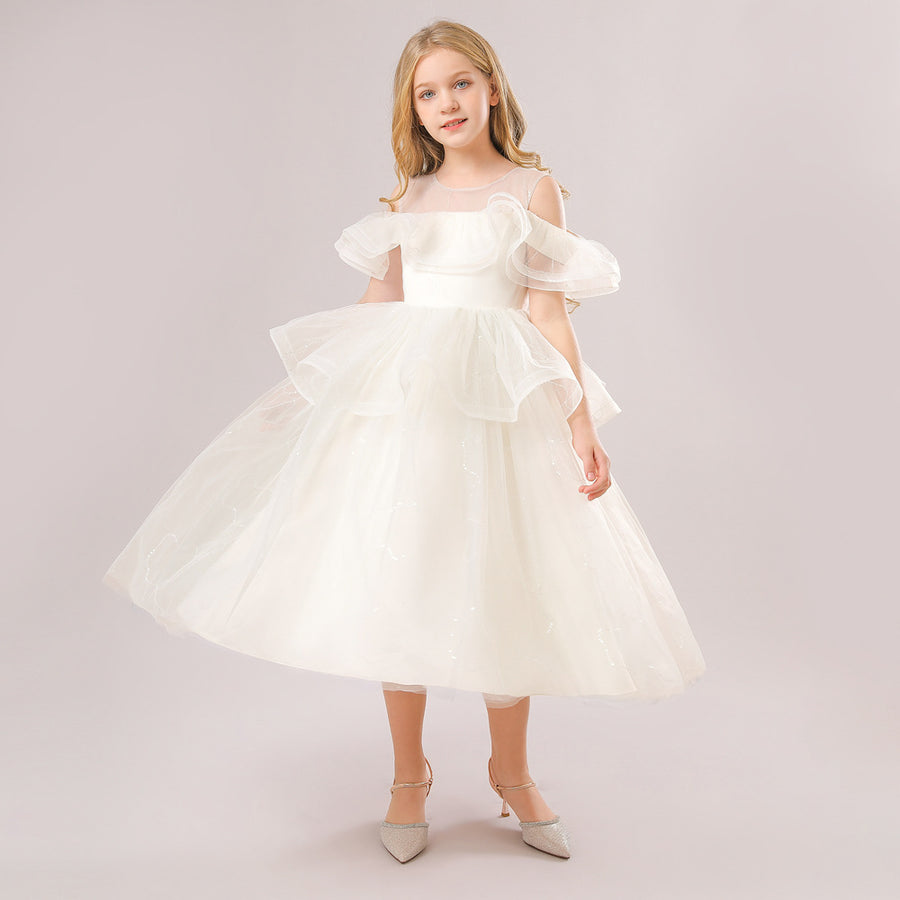 Ball Gown Cold Shoulder Short Sleeves Ruffles Flower Girl Dresses