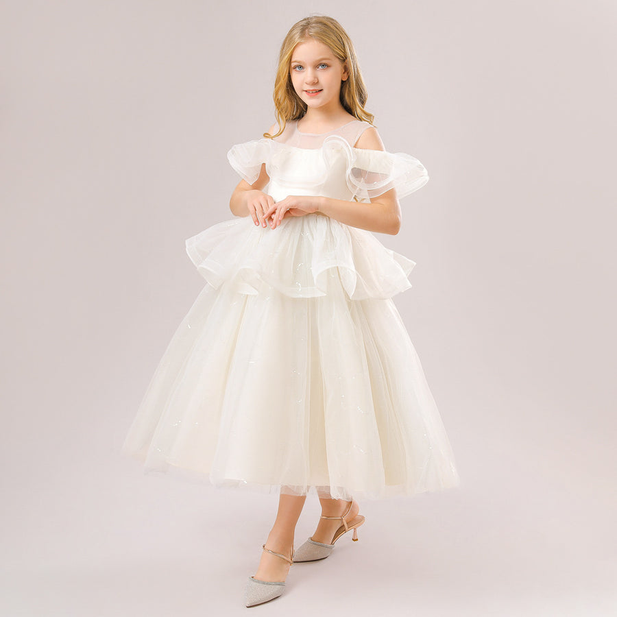 Ball Gown Cold Shoulder Short Sleeves Ruffles Flower Girl Dresses